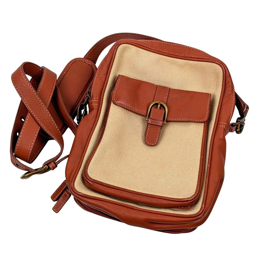 Levenger Leather Canvas Crossbody Bag Tan Beige Travel Organizer Messenger